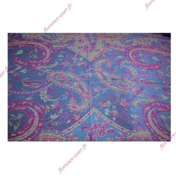 Grand foulard-écharpe bleu et multicolore motif cachemire indien arabesques fleurs