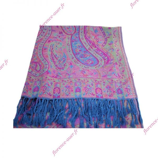 Grand foulard-écharpe bleu et multicolore motif cachemire indien arabesques fleurs