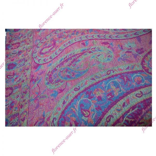 Grand foulard-écharpe bleu et multicolore motif cachemire indien arabesques fleurs