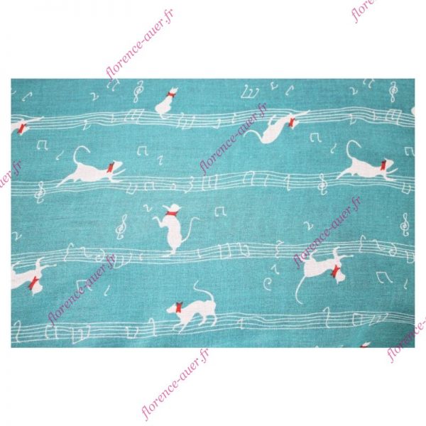Grand foulard bleu turquoise foncé chats blancs portées de notes musique et danse
