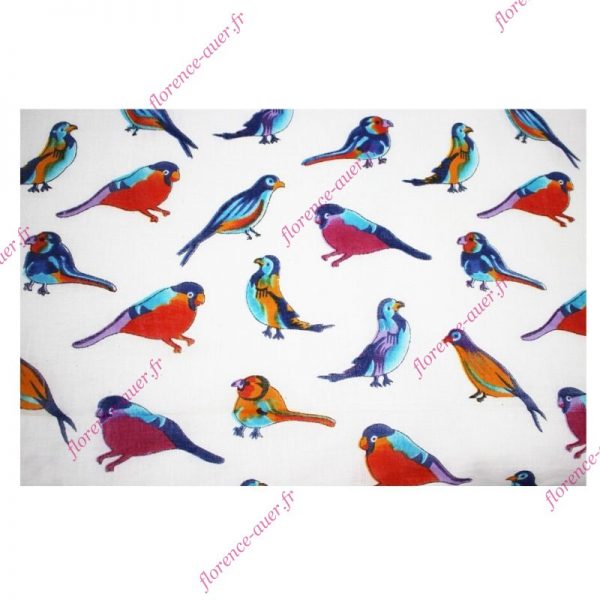 Grand foulard blanc oiseaux bleu violet rouge orange paréo coton