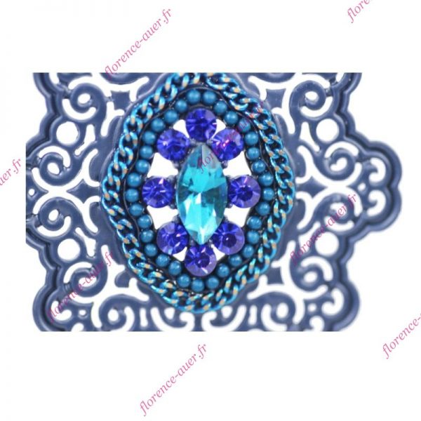 Boucles d'oreilles bleues ovales dentelées métal mat ajouré arabesques