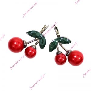 Boucles d'oreilles style dormeuse cerises rouges fruit design contemporain métal argenté anthracite
