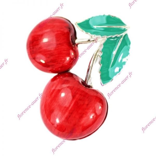 Broche cerises fruits métal émaillé rouge vert