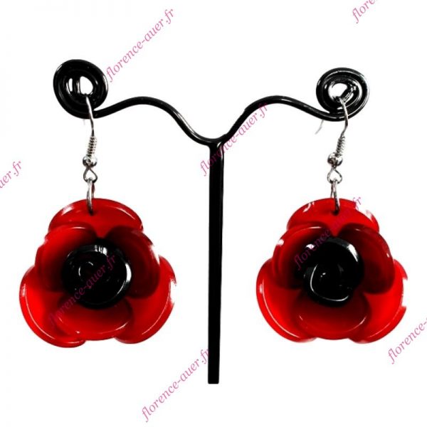 Boucles d'oreilles pendantes coquelicots rouges fleurs des champs plexiglas