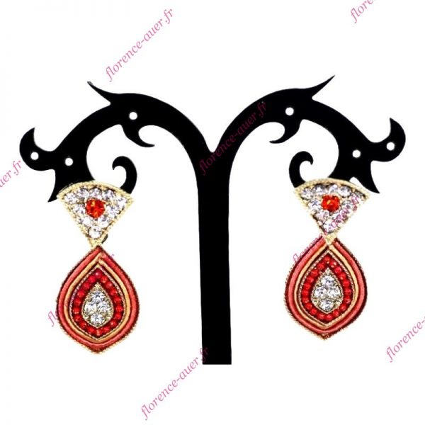 Boucles d'oreilles pendantes fantaisie ogive orange corail brillants blancs