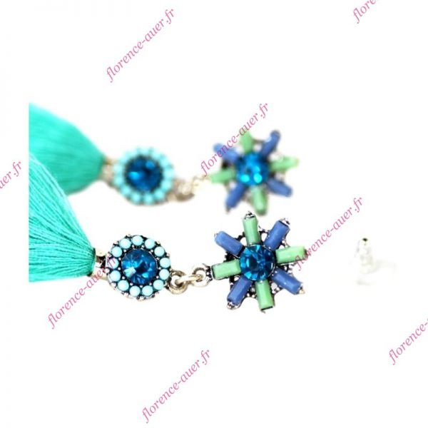 Boucles d'oreilles pendantes fantaisie bleu et vert pompon tissu turquoise