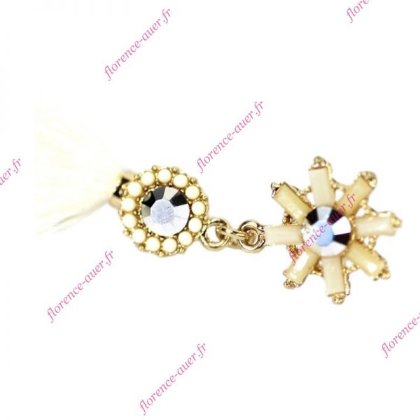 Boucles d'oreilles pendantes fantaisie ivoire pompon tissu beige