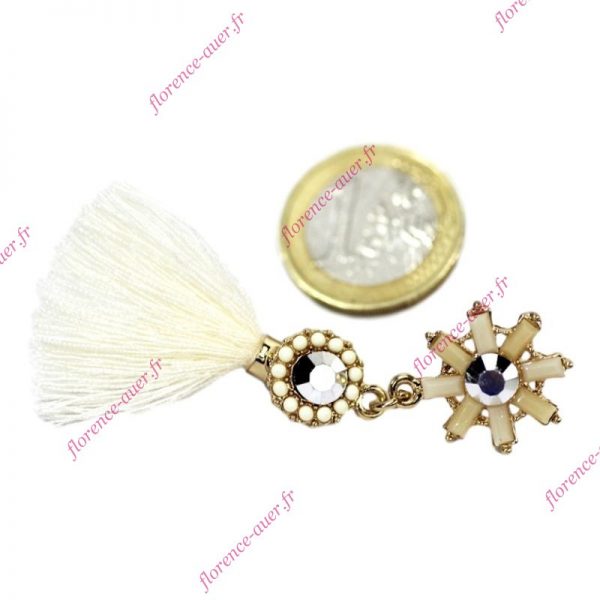 Boucles d'oreilles pendantes fantaisie ivoire pompon tissu beige