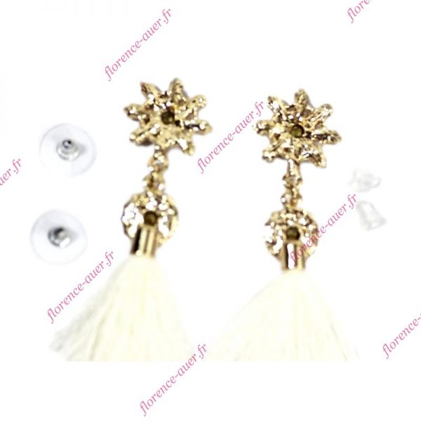 Boucles d'oreilles pendantes fantaisie ivoire pompon tissu beige