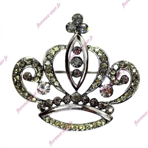 Broche couronne strass gris métal argenté gris anthracite