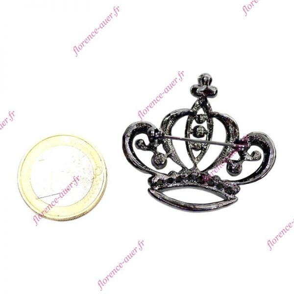 Broche couronne strass gris métal argenté gris anthracite