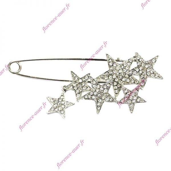 Broche épingle à nourrice six étoiles constellation métal argenté clair simili-diamants
