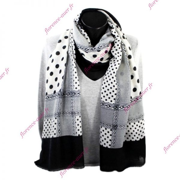 Grand foulard blanc ivoire et noir impression dentelle et pois