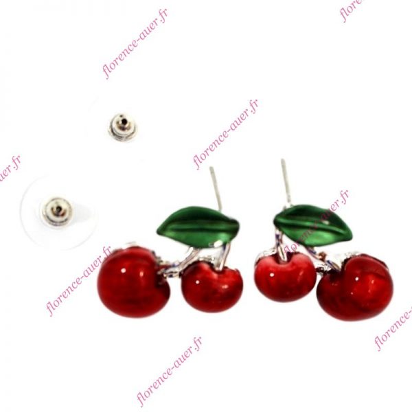 Boucles d'oreilles cerises rouges feuille verte métal argenté clair