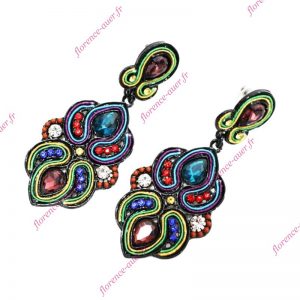 Boucles d'oreilles pendantes arabesques multicolores cabochons simili cristal