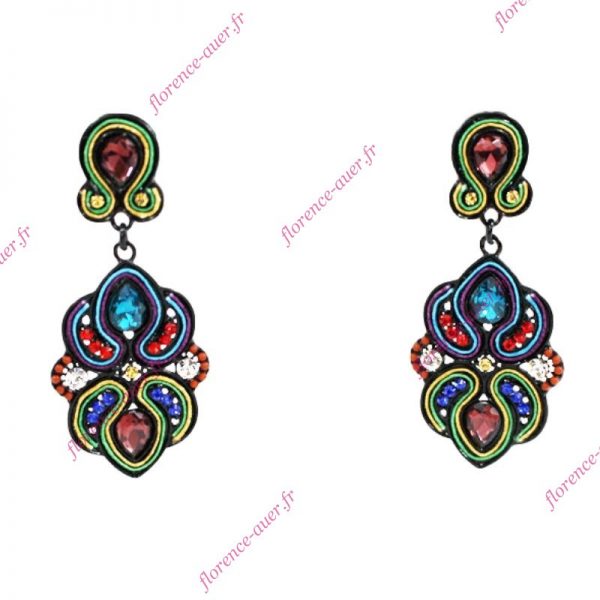 Boucles d'oreilles pendantes arabesques multicolores cabochons simili cristal