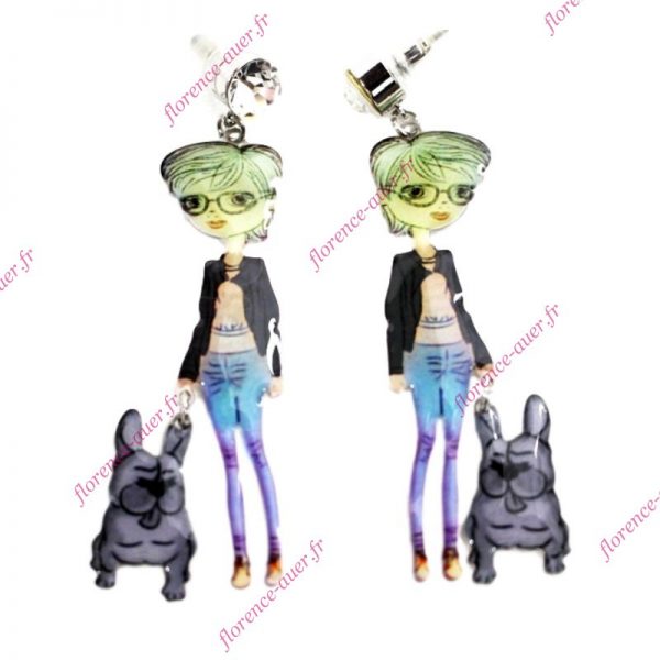 Boucles d'oreilles pendantes fantaisie femme et bouledogue