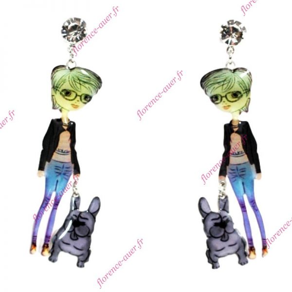 Boucles d'oreilles pendantes fantaisie femme et bouledogue