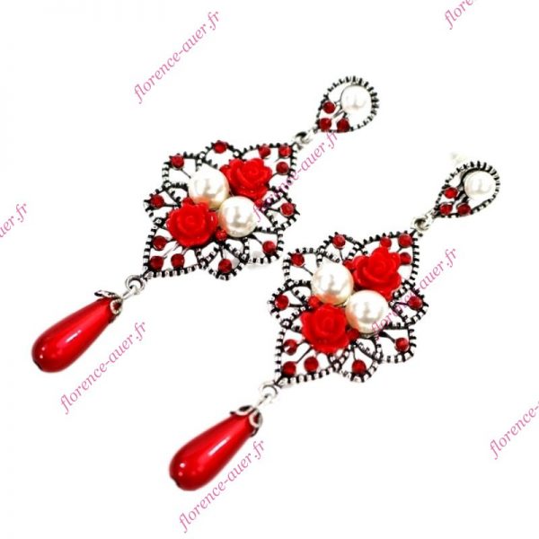 Boucles d'oreilles pendantes fantaisie roses rouges