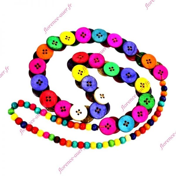 Long collier boutons perles multicolores bois