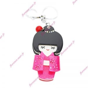 Porte-clés bijou de sac poupée geisha fuchsia miroir plexiglas