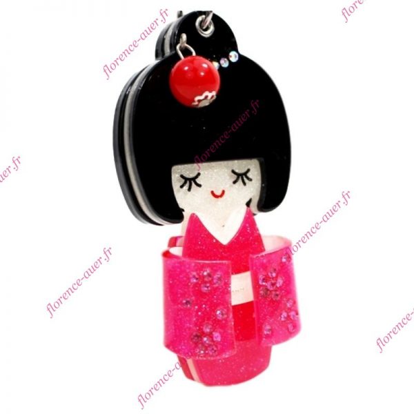 Porte-clés bijou de sac poupée geisha fuchsia miroir plexiglas