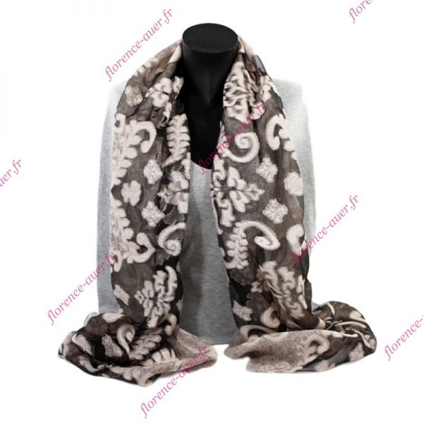 Foulard gris rosé noir voile arabesques