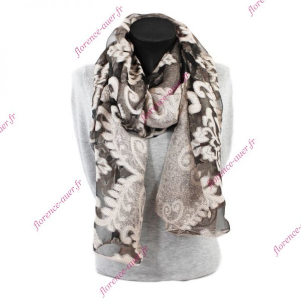 Foulard gris rosé noir voile arabesques