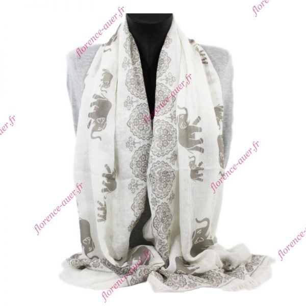 Grand foulard blanc cassé éléphants éléphanteaux frise fleurie couleur taupe