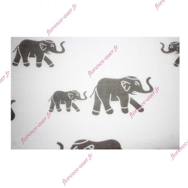 Grand foulard blanc cassé éléphants éléphanteaux frise fleurie couleur taupe