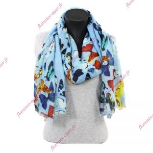 Grand foulard bleu ciel papillons multicolores