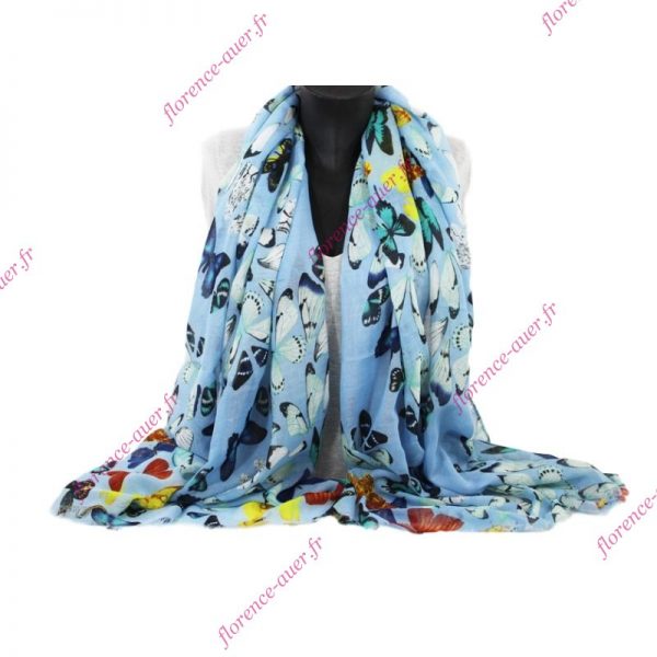 Grand foulard bleu ciel papillons multicolores