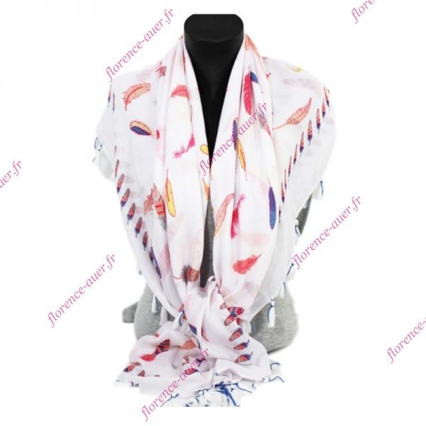 Grand foulard carré blanc plumes multicolores pompons