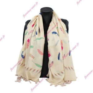Grand foulard carré taupe clair plumes multicolores pompons