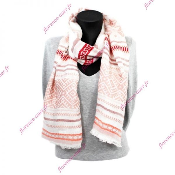 Grand foulard blanc cassé rose pâle motifs géométriques tissés
