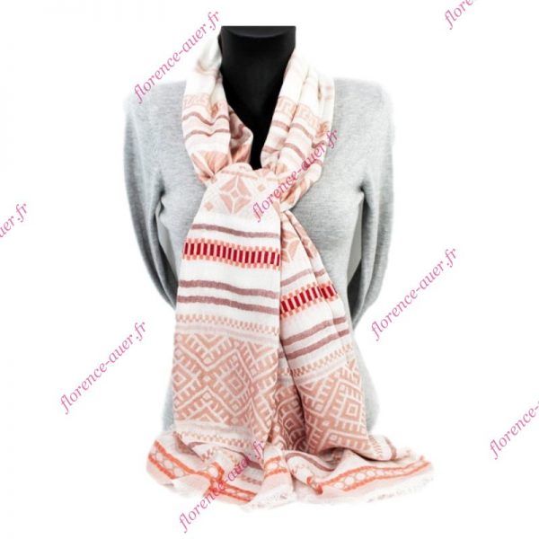 Grand foulard blanc cassé rose pâle motifs géométriques tissés