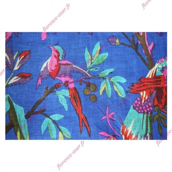 Grand foulard paréo fond bleu roi oiseaux fleurs fruits paradisiaques coton