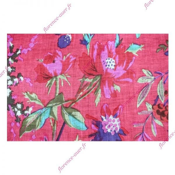 Grand foulard paréo coton fond corail oiseaux fleurs fruits paradisiaques