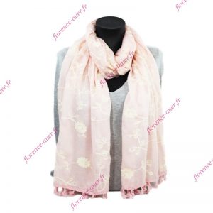 Grand foulard rose brodé fleurs blanches franges pompons