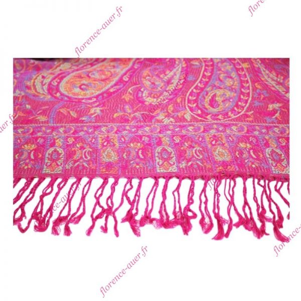 Grand foulard écharpe rose fuchsia et multicolore motif cachemire indien fleurs arabesques