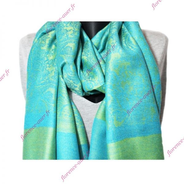 Grand foulard écharpe vert bleu motif cachemire indien fleurs arabesques