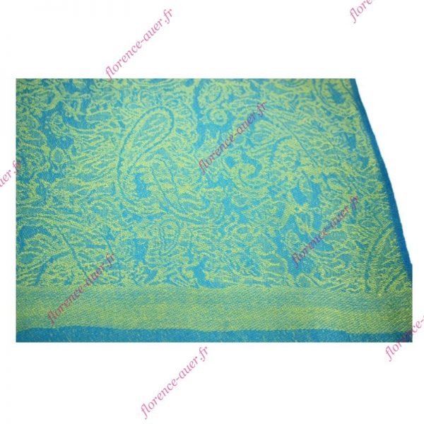 Grand foulard écharpe vert bleu motif cachemire indien fleurs arabesques