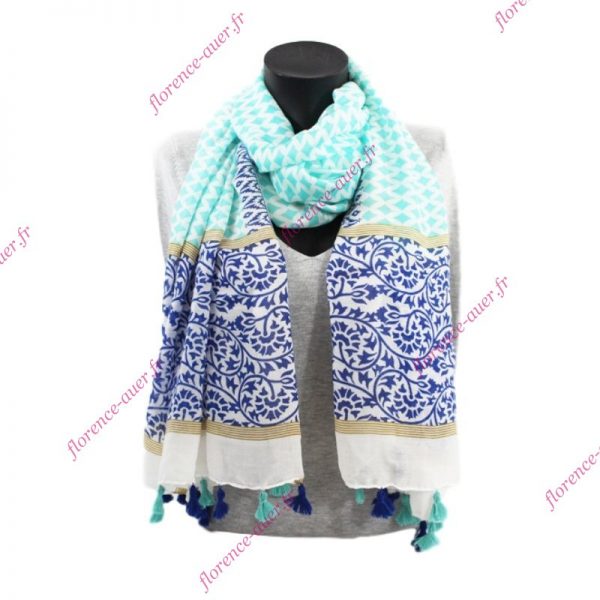 Grand foulard ivoire motifs méditerranéens pompons turquoise et bleu roi