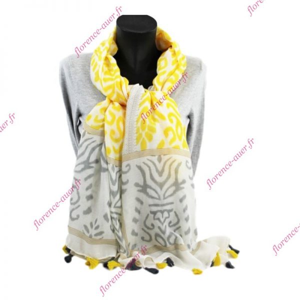 Grand foulard ivoire gris jaune pompons frises arabesques fleurs