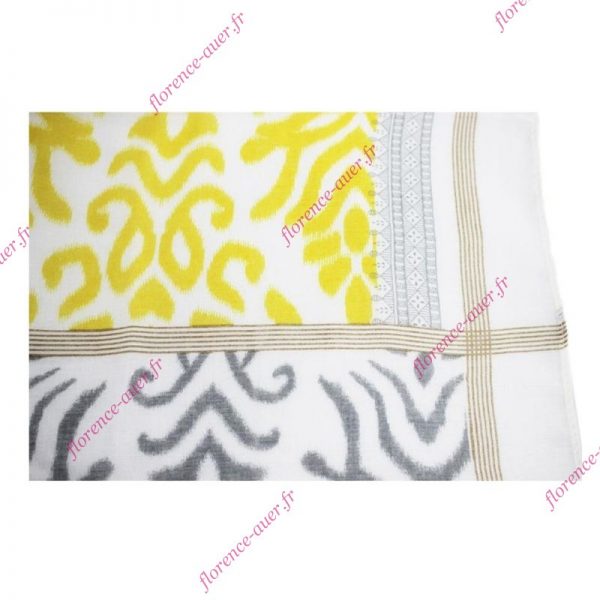 Grand foulard ivoire gris jaune pompons frises arabesques fleurs