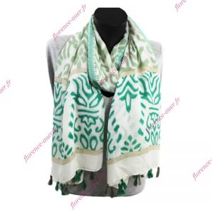 Grand foulard ivoire vert émeraude olive pompons frises arabesques fleurs