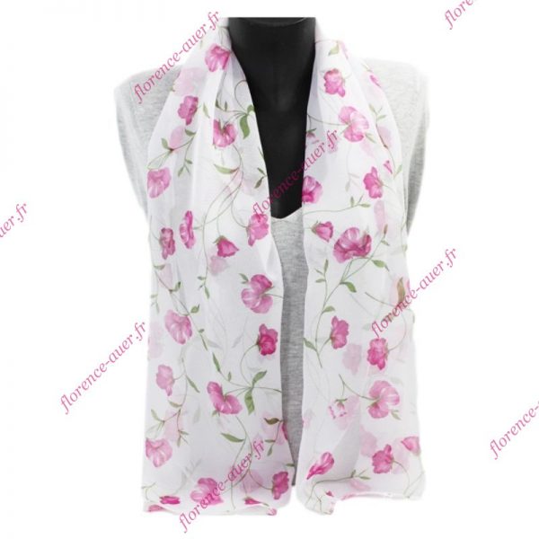 Petit foulard voile blanc grandes fleurs des champs fuchsia