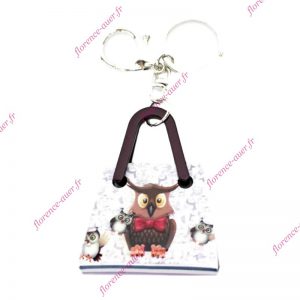 Porte-clés bijou de sac cabas sac anses prune plexiglas motif hibou et bébés hiboux