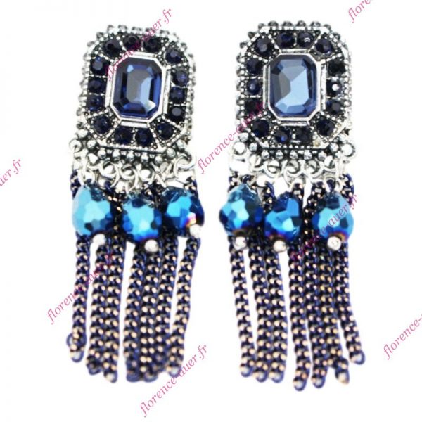 Boucles d'oreilles octogonales bleues mode pampilles perles chaînettes métal argenté